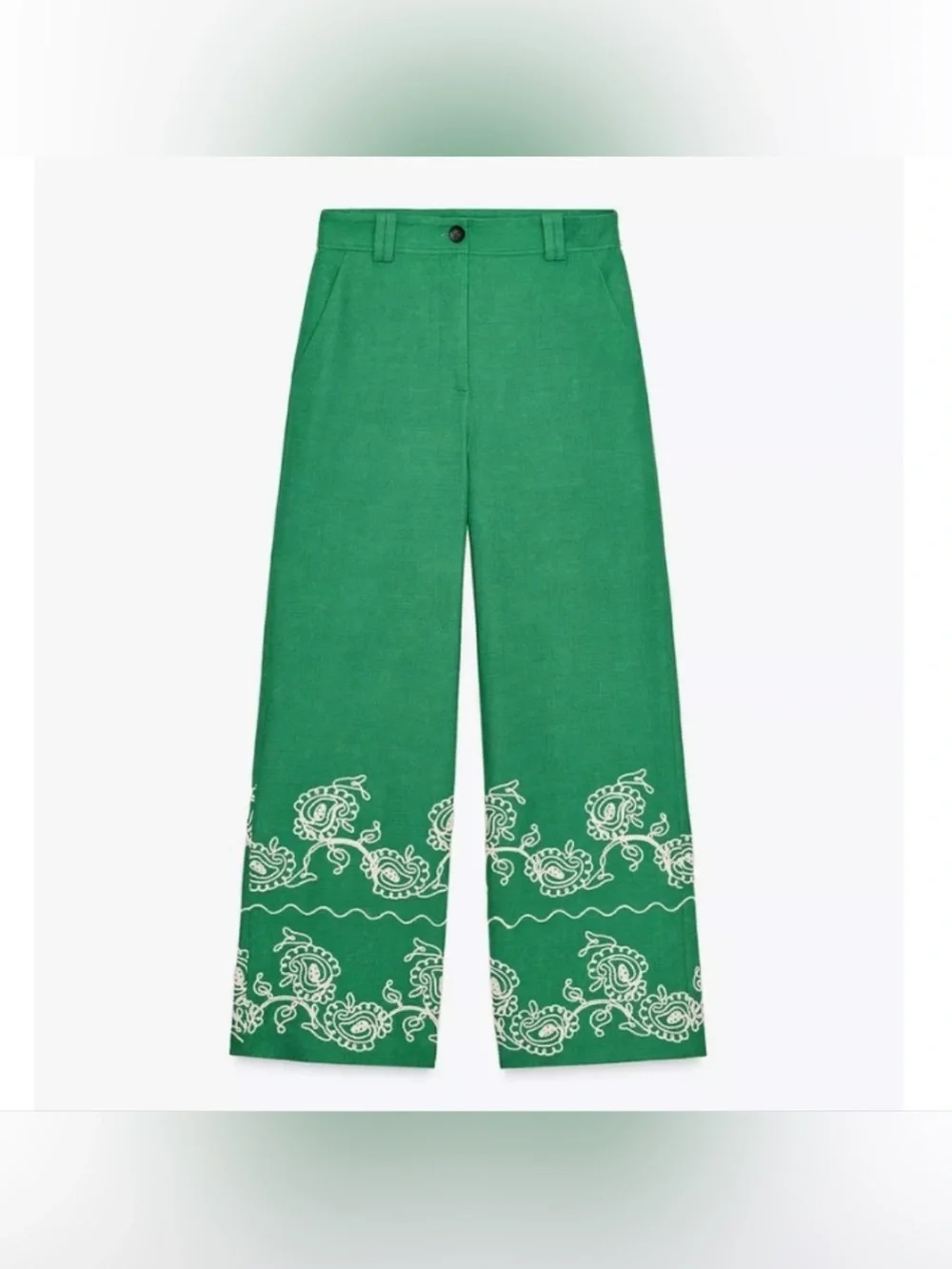 NWT Zara ZW Collection Embroidered Culottes Green Wide Leg Linen Pants Sz XL